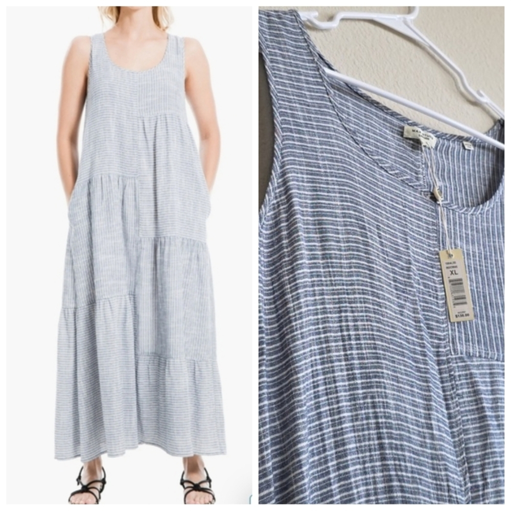 NWT MaxStudio Striped Sleeveless Maxi Dress Blue White Coastal Chic, Size XL